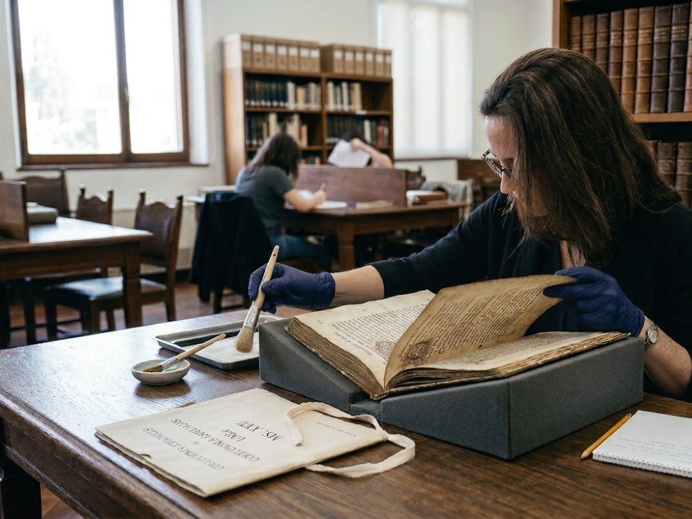 Investigadora con guantes manipulando un manuscrito antiguo de las Colecciones Especiales